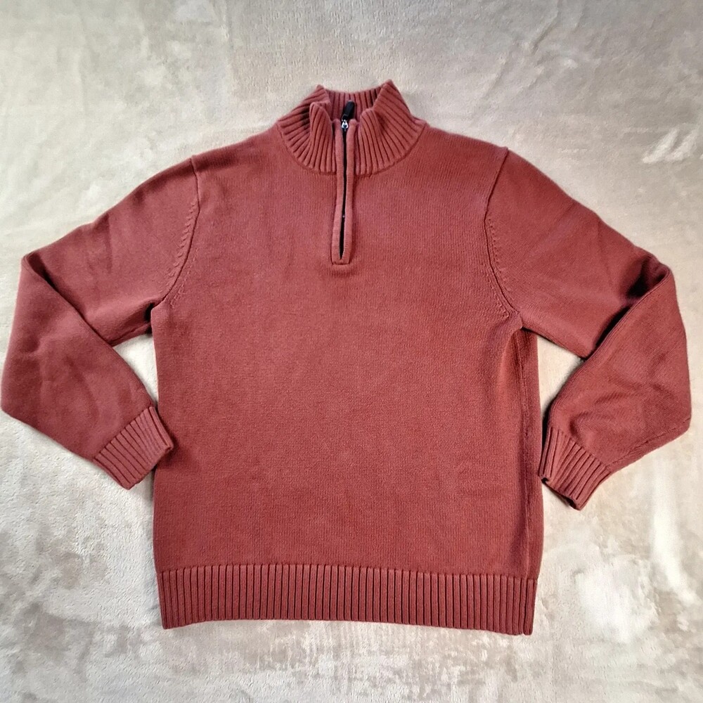 L.L. Bean Sweater Mens Medium Red 1/4 Zip Mock Neck Cotton Knit Pullover Casual